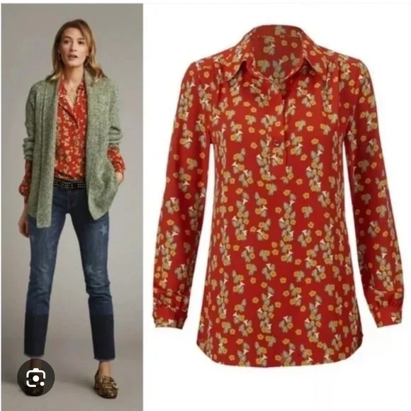 CAbi Red Floral Belfry Button-Up Blouse - Picture 2 of 5